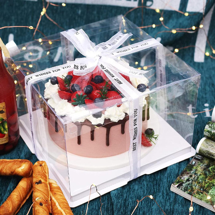 YASPOK Clear Cake Box, 2 Pcs Transparent Cake Carrier Box With Lids, 8'' PET Cake Packaging Boxes With Ribbon Gift Card For Pastries